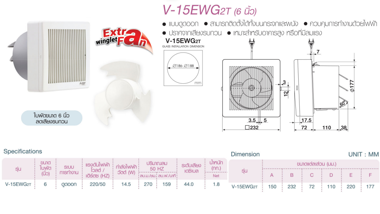 พัดลมระบายอากาศ ติดกระจก กรอบเหลี่ยม V-15EWG2T ใบพัด 6 นิ้ว