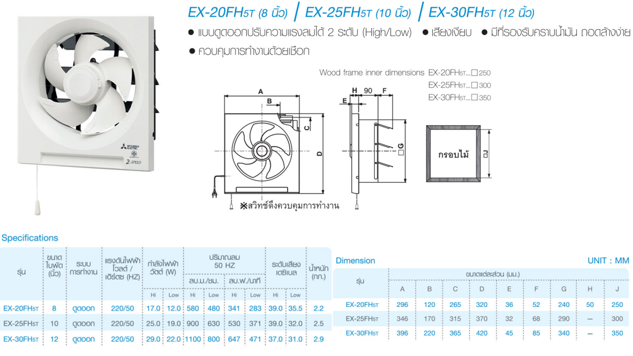 พัดลมระบายอากาศ ติดผนัง EX-20FH5T ใบพัด 8 นิ้ว