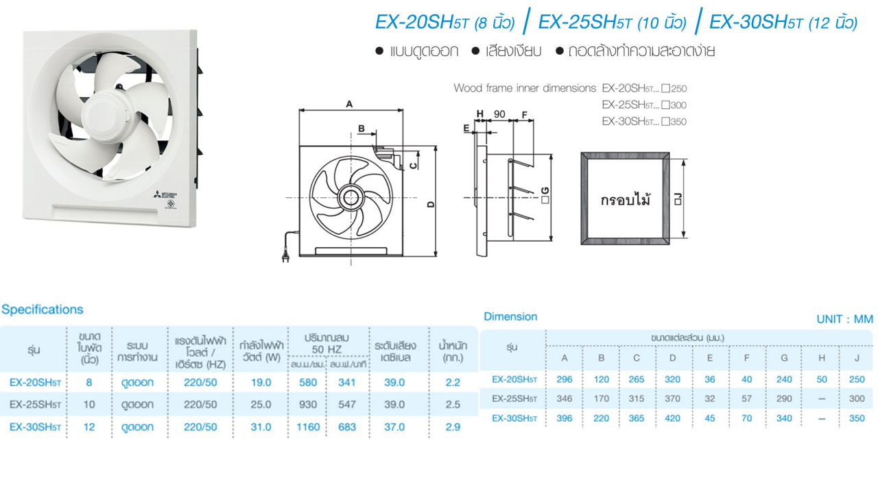 พัดลมระบายอากาศ ติดผนัง EX-20SH5T ใบพัด 8 นิ้ว