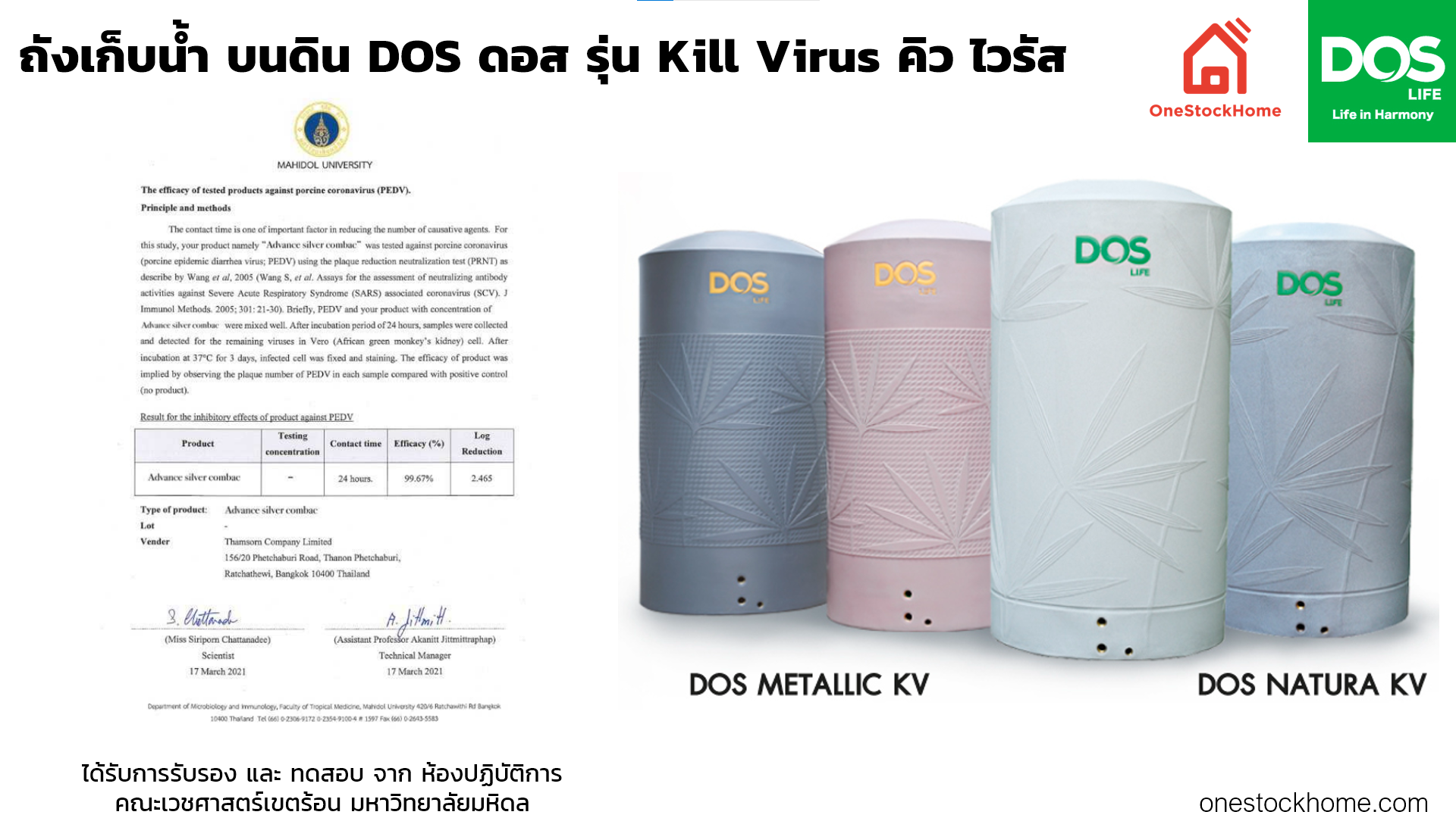 ถังเก็บน้ำ บนดิน DOS ดอส รุ่น Kill Virus คิว ไวรัส ใบรับรอง