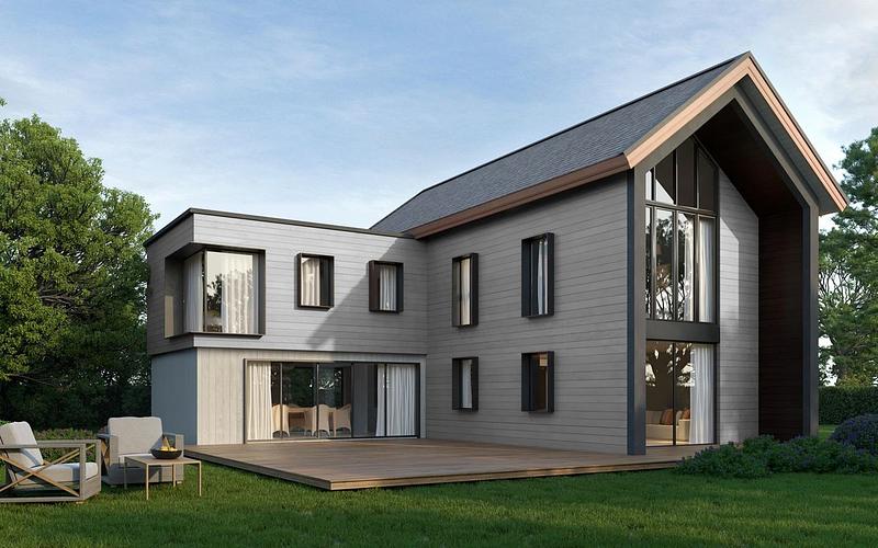 ไม้ฝาเฌอร่าสีไลท์เกรย์ บนบ้านสองชั้นโมเดิร์น