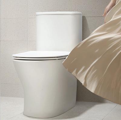 สุขภัณฑ์ชิ้นเดียวทรงโค้งมน สีขาวด้าน ในห้องน้ำโทนครีม
