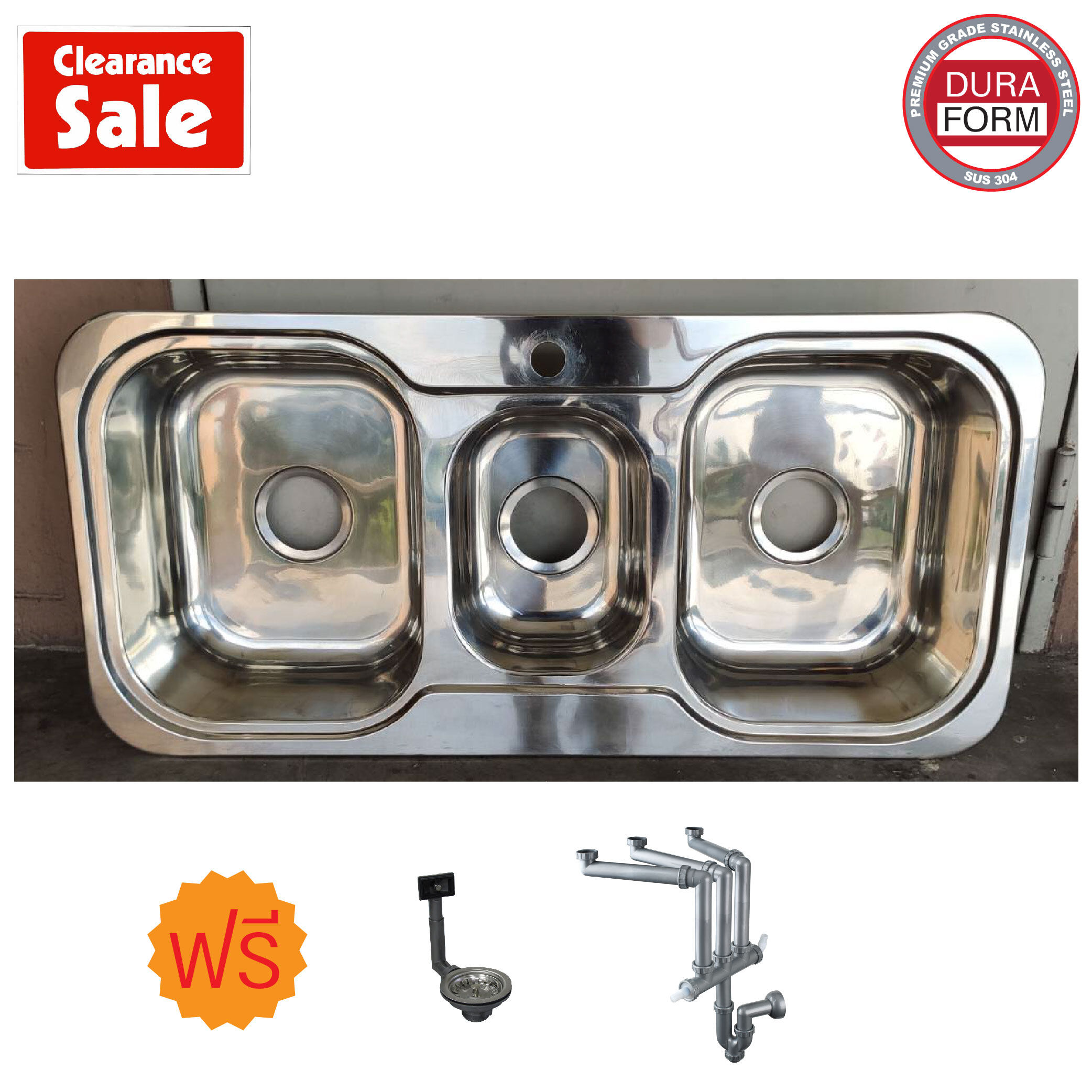 Duraform Clearance สินค้าตัวโชว์ ซิ้งค์ล้างจานสแตนเลส 3 หลุม รุ่น Combi 2 (No taps) ขนาด 100x48x18 ซม. ขนาด 100x48x18 ซม.-1