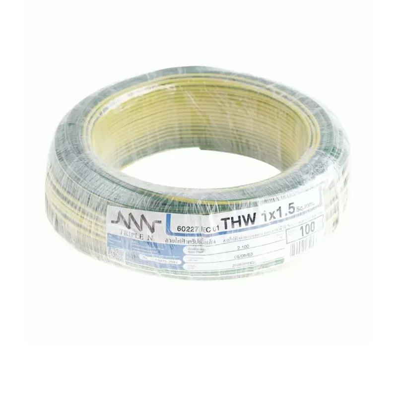 สายไฟ IEC01 THW 1x1.5 ตร.มม. สีเขียวแถบเหลือง 100 เมตร NNN-1