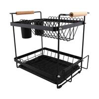 KECH MODISH 2-Tier Dish Drying Rack with Water Tray and Wooden Handles, Black.