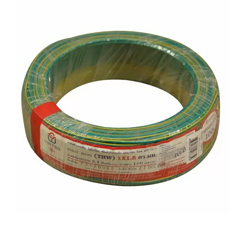 สายไฟ IEC01 THW 1.5 x 100 เมตร สีเหลืองแถบเขียว-1