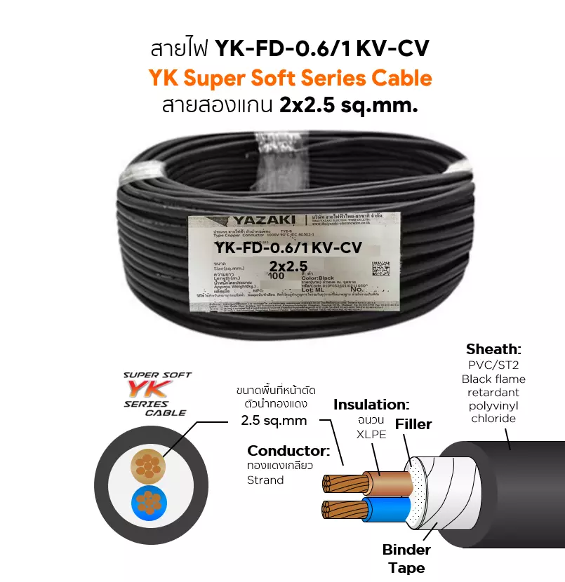 สายไฟ YK FD-CV 2x2.5 ตร.มม. YAZAKI 0.6/1 kV-1